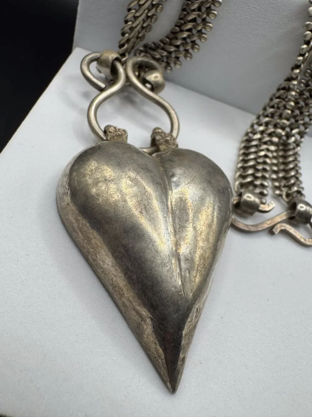Vintage Tribal Puffy Heart Necklace Heavy Silver Tone Boho Statement 26" - Picture 5 of 7